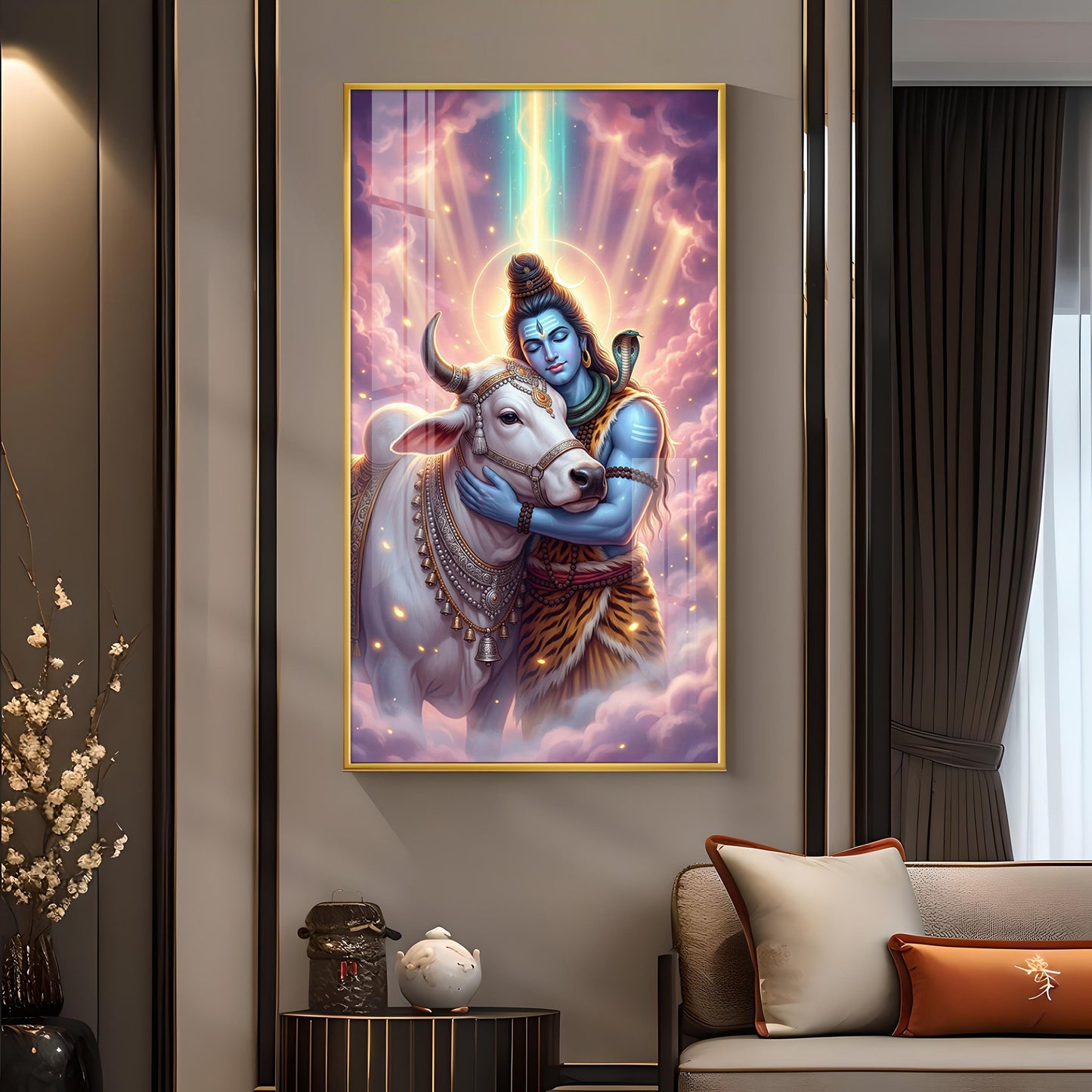 Lord Shiva and Nandi Glass Finish Vertical Wall Art