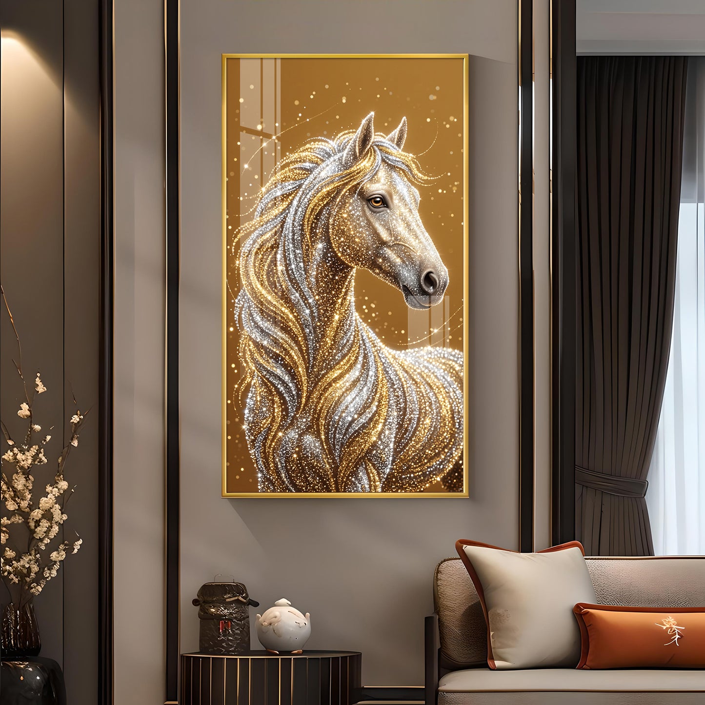 Horse In Gold & Silver Mane Glass Finish Vertical Wall Art
