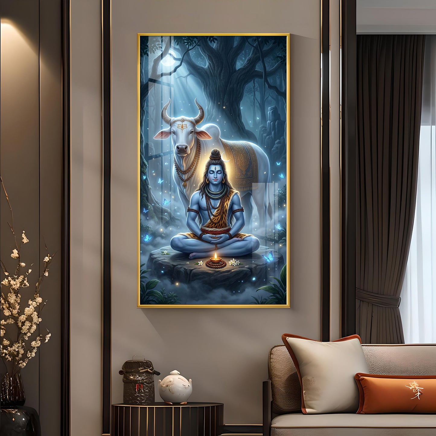 Meditating Lord Shiv With Nandi Glass Finish Vertical Wall Art