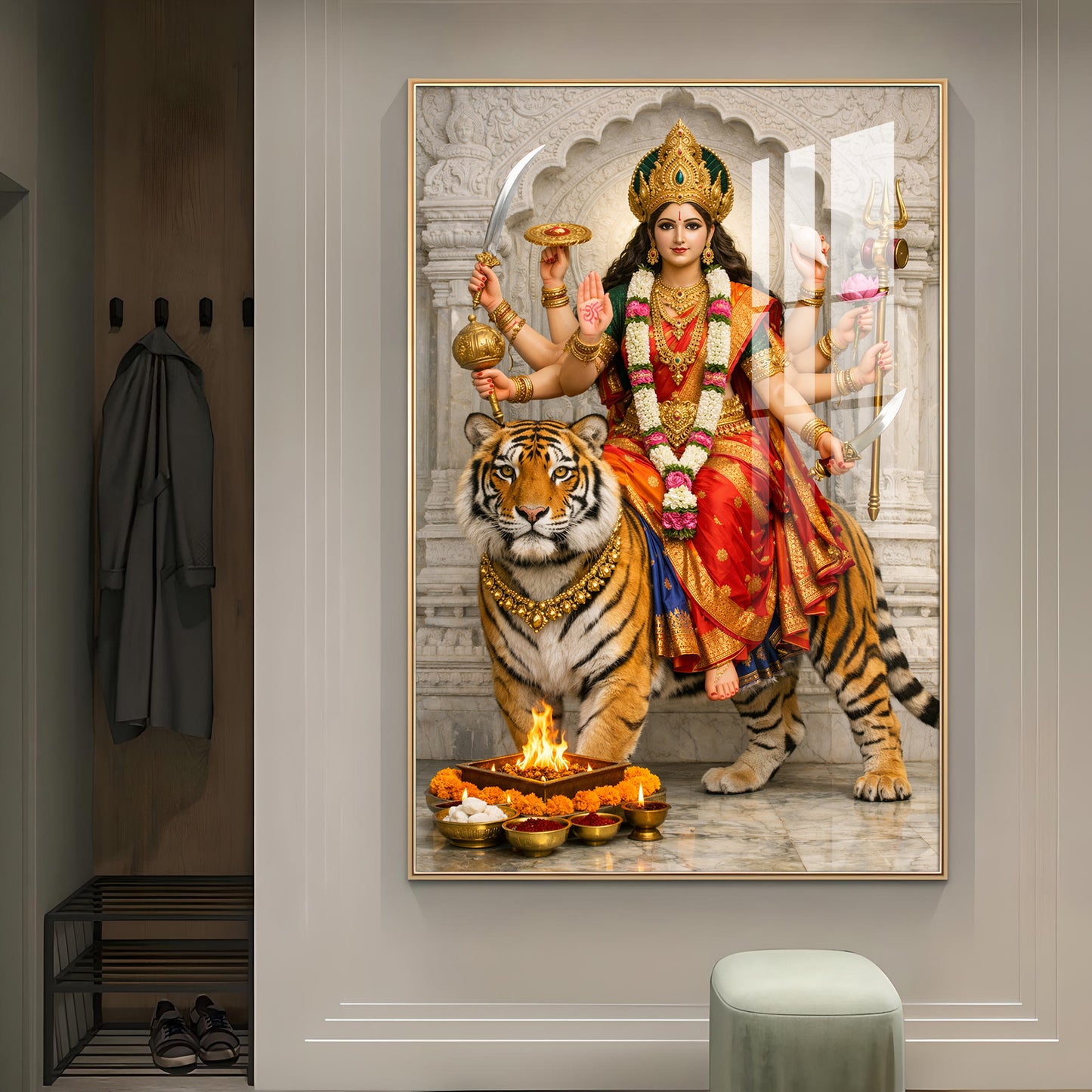 Maa Durga Seated On Tiger Glass Finish Vertical Wall Art