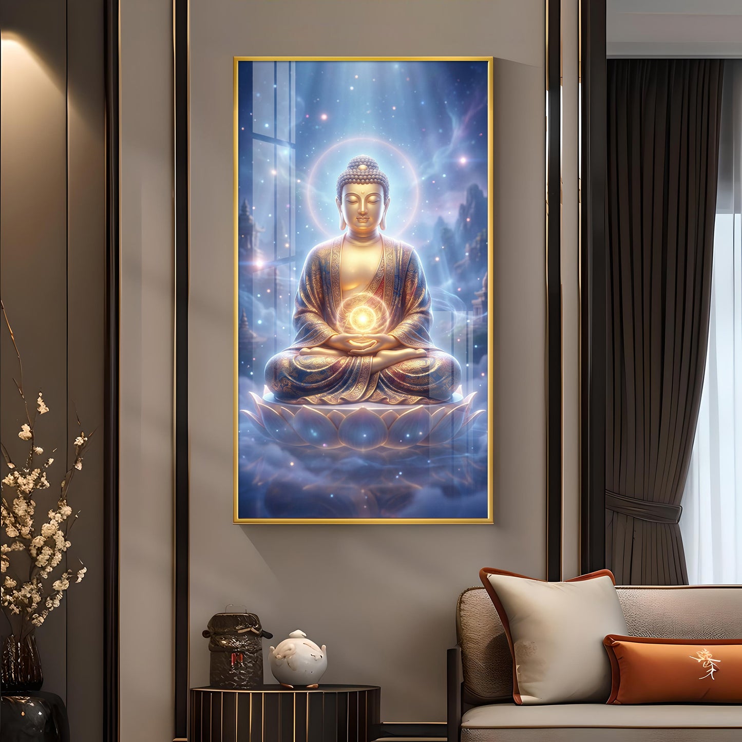 Meditating Lord Buddha Glass Finish Vertical Wall Art