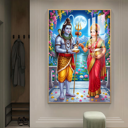 Annapurna Devi Offering Food To Lord Shiva Glass Finish Vertical Wall Art