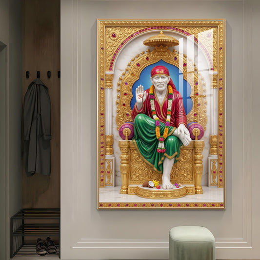 Spiritual Sai Baba Glass Finish Vertical Wall Art