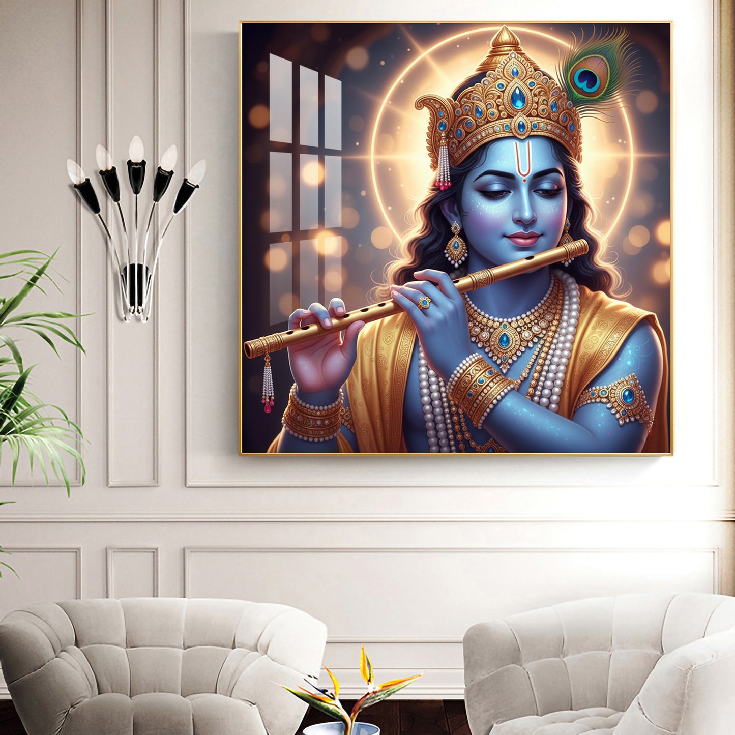 Spiritual Krishna With Flute Glass Finish Square Wall Art