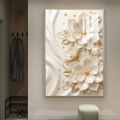 White Flowers With Golden Elements Glass Finish Vertical Wall Art