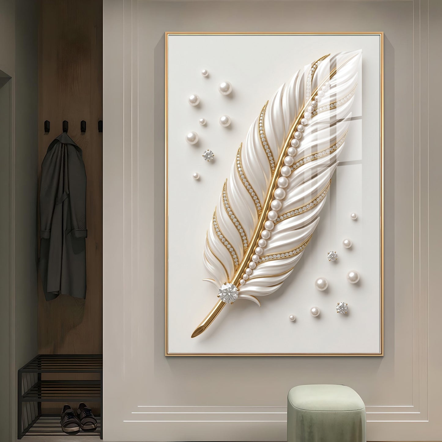 White & Gold Finish Feather Glass Finish Vertical Wall Art