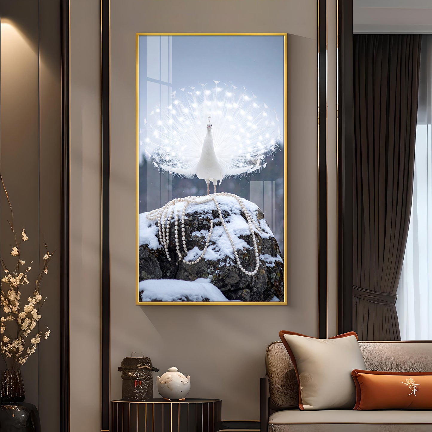 Dazzling Pearl Peacock Glass Finish Vertical Wall Art