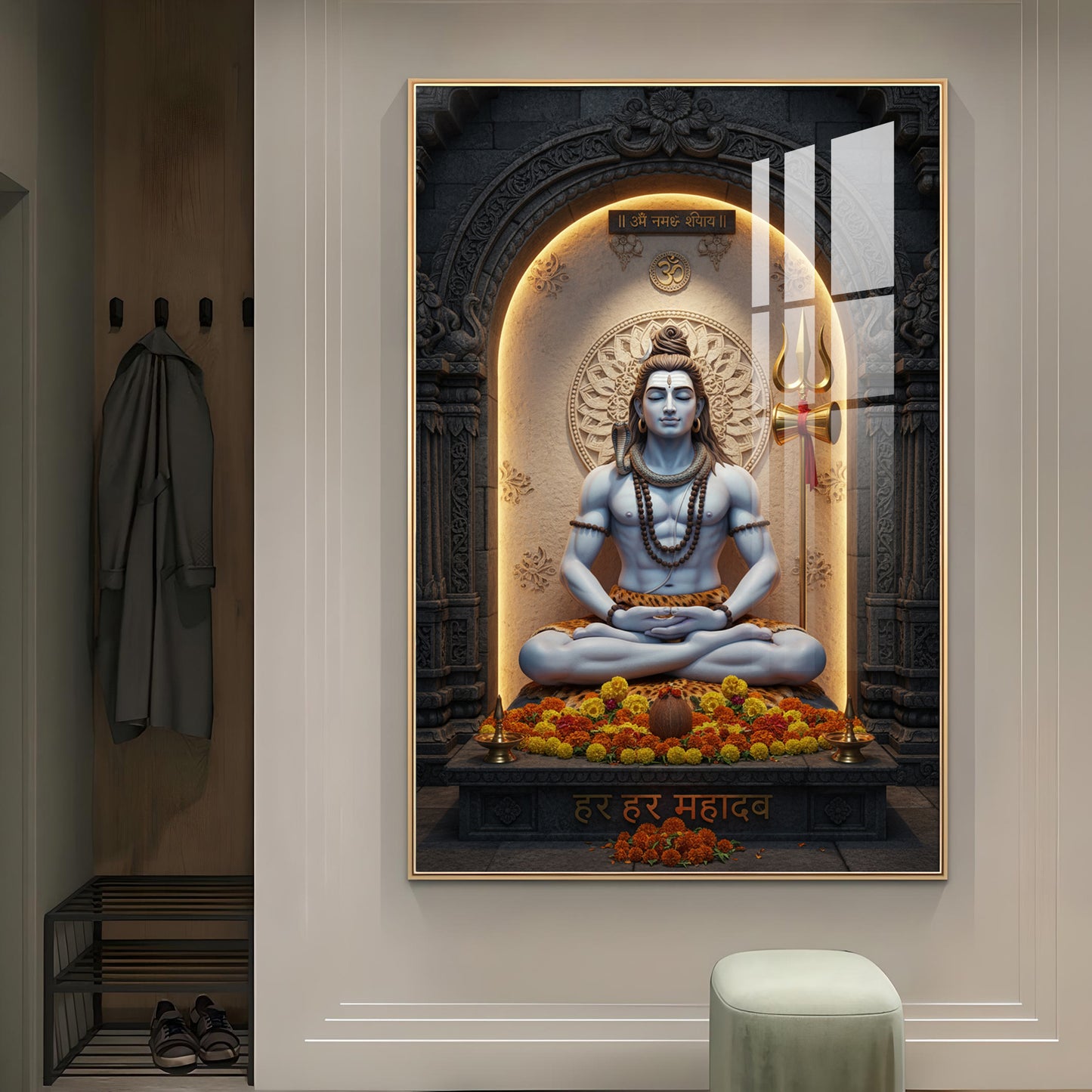 Lord Shiva In A Meditative Pose Glass Finish Vertical Wall Art