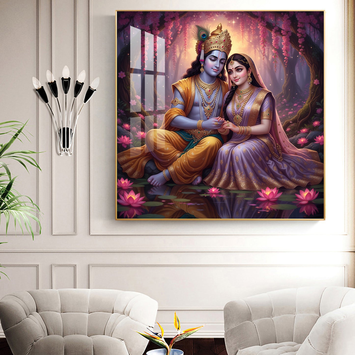 Loving Beautiful Radha Krishna Glass Finish Square Wall Art