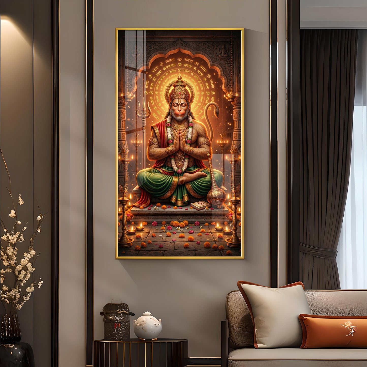 Hindu God Hanuman Ji Glass Finish Vertical Wall Art