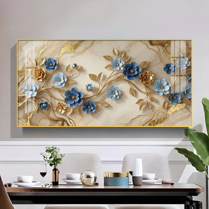 Elegant Blue Flower Glass Finish Horizontal Wall Art