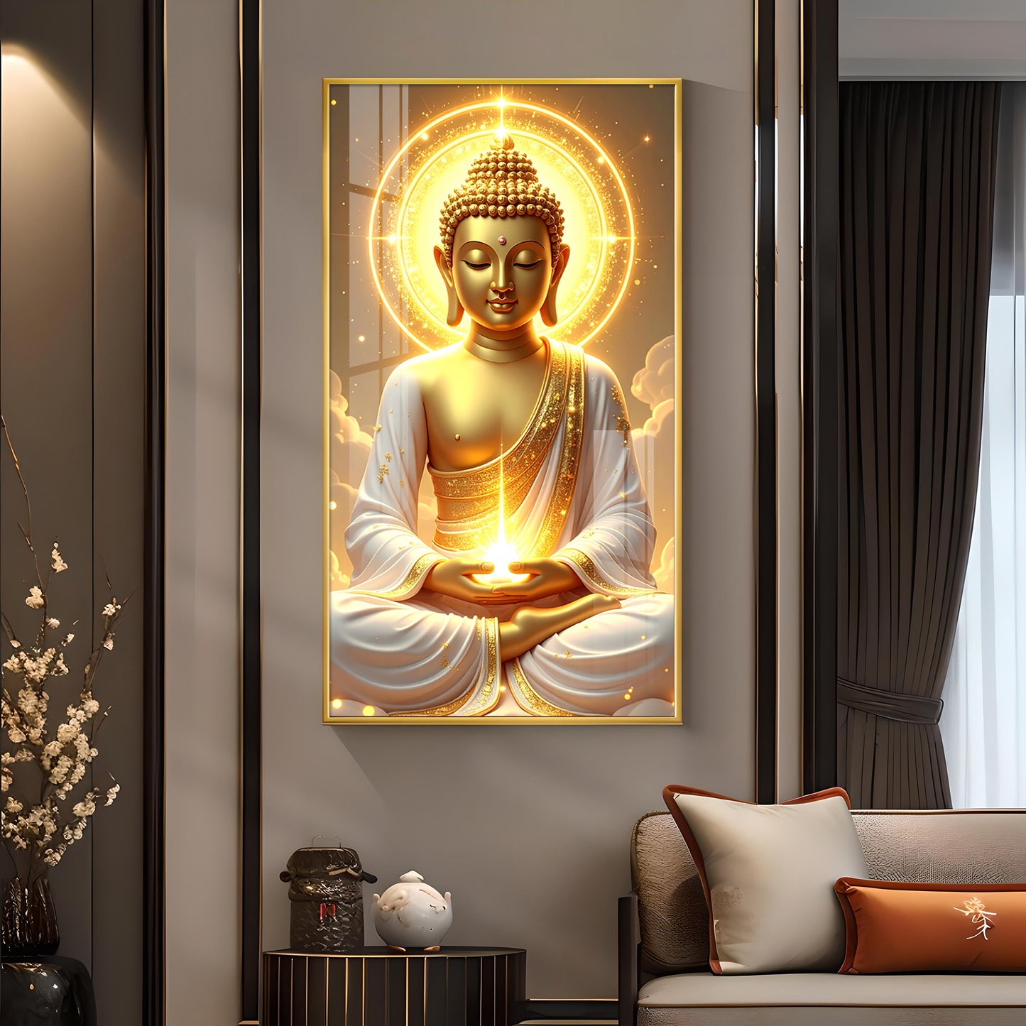 Buddha's Golden Horizon Glass Finish Vertical Wall Art