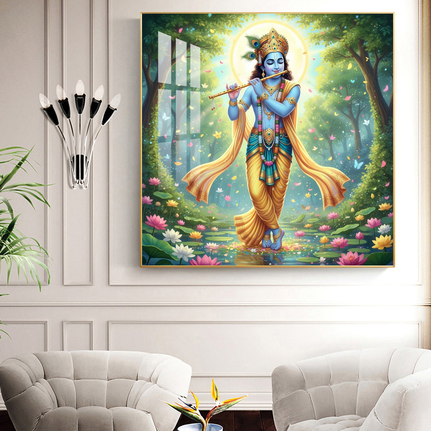 Lord Krishna With Blue Skin Glass Finish Square Wall Art