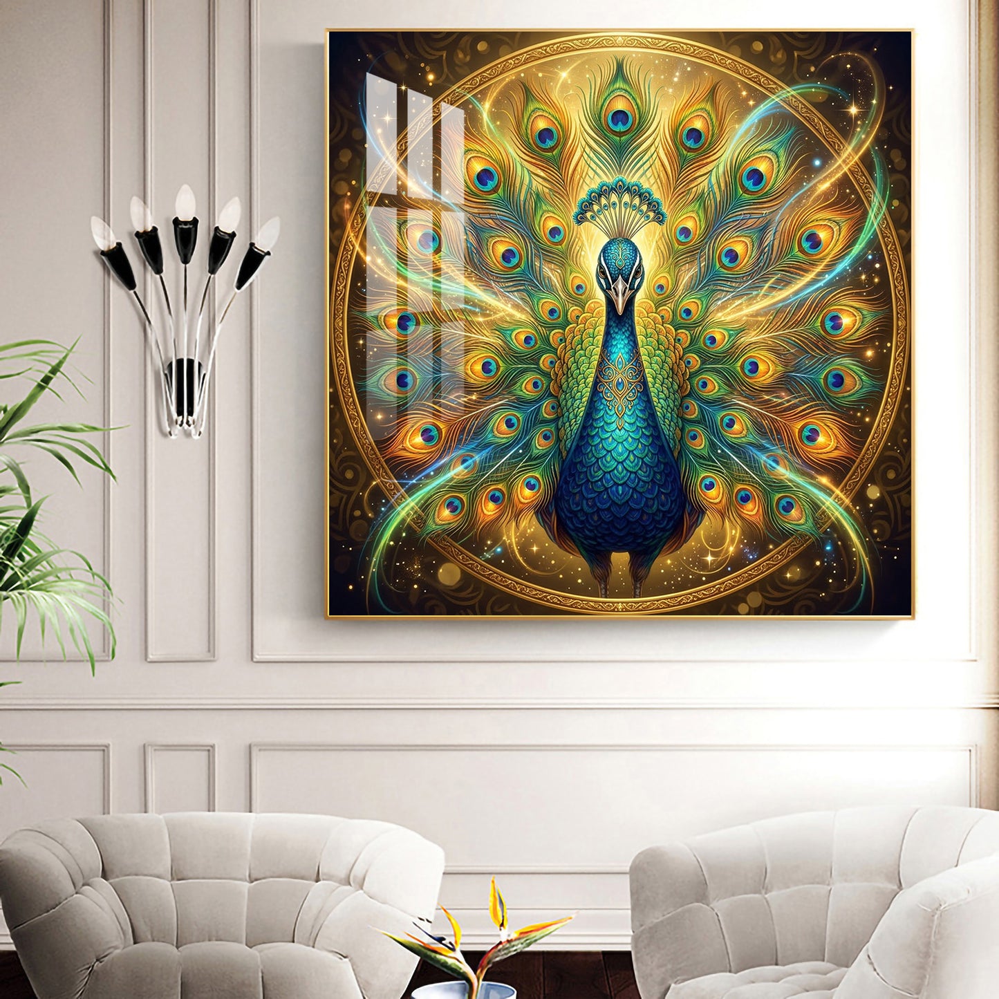 Style Peacock Glass Finish Square Wall Art