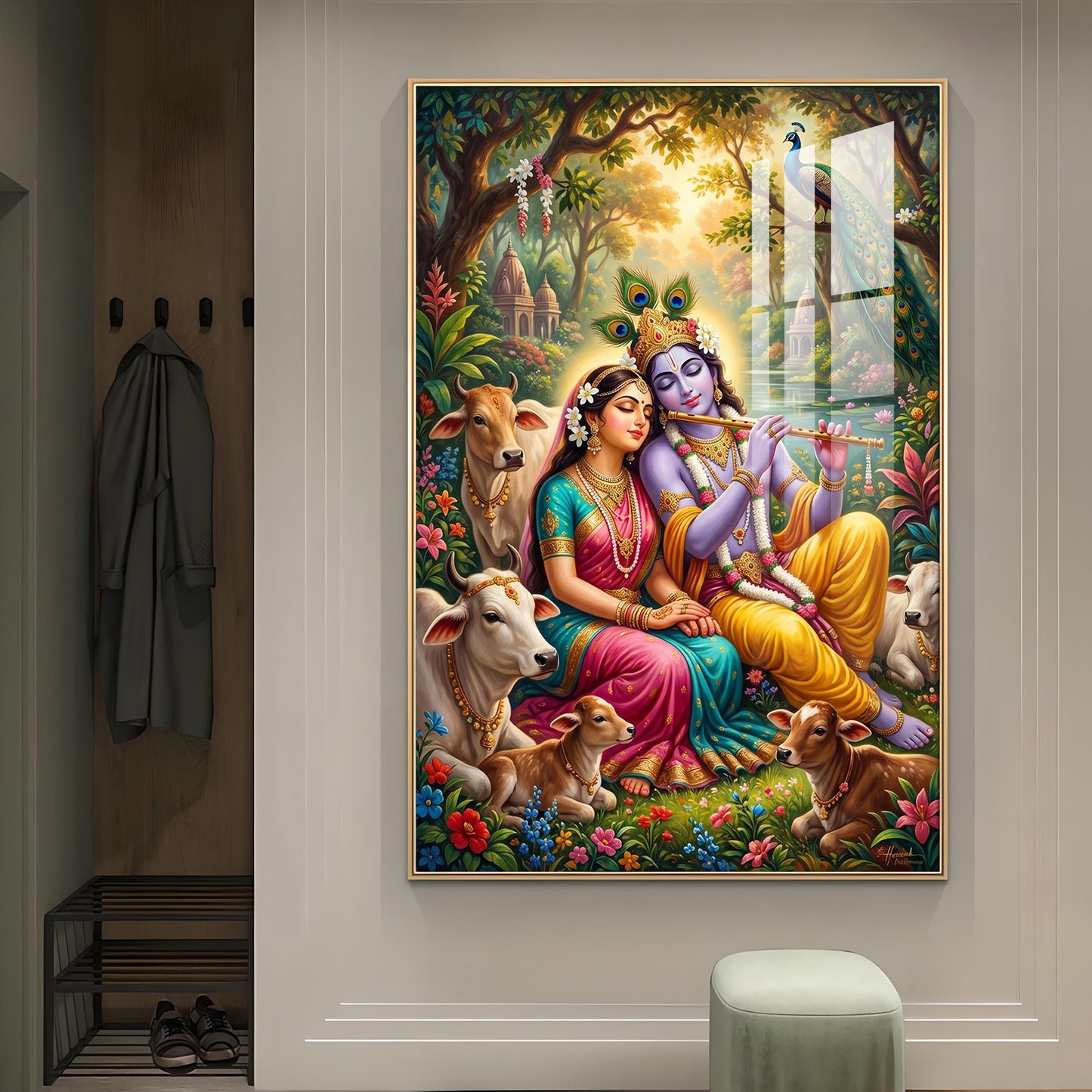 Generic Radha Krishna Glass Finish Vertical Wall Art