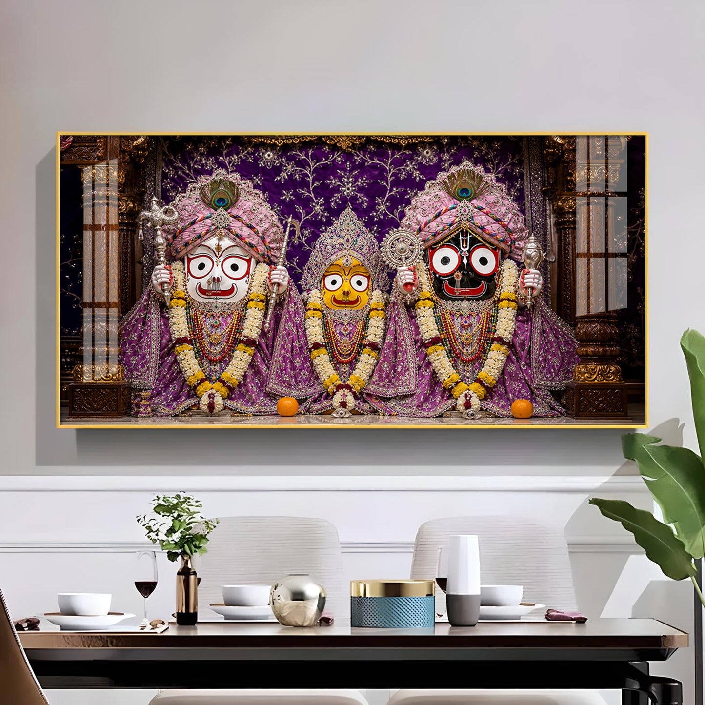 Hindu Deities Lord Jagannath, Subhadra, & Balabhadra Glass Finish Horizontal Wall Art