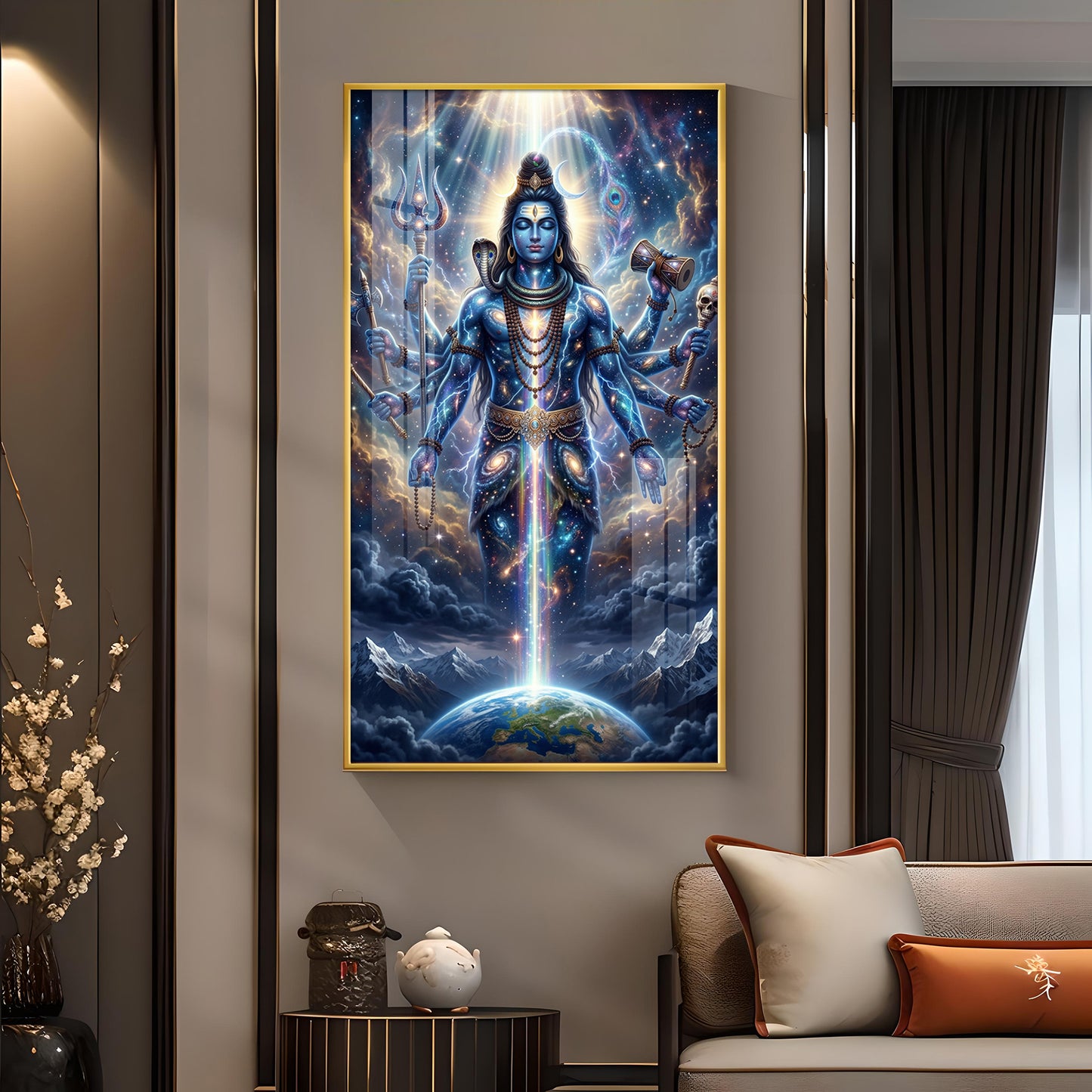 Lord Shiva and Cosmic Energy Glass Finish Vertical Wall Art