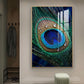 Peacock Feather With Water Drops Glass Finish Vertical Wall Art