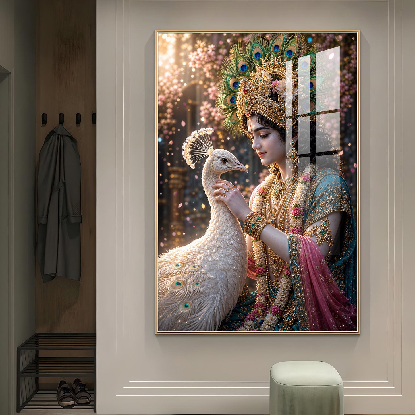 Shree Krishna With Peacock Glass Finish Vertical Wall Art