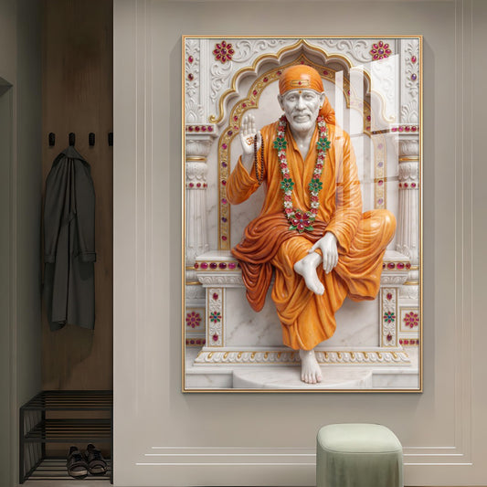 Divine Sai Baba Glass Finish Vertical Wall Art
