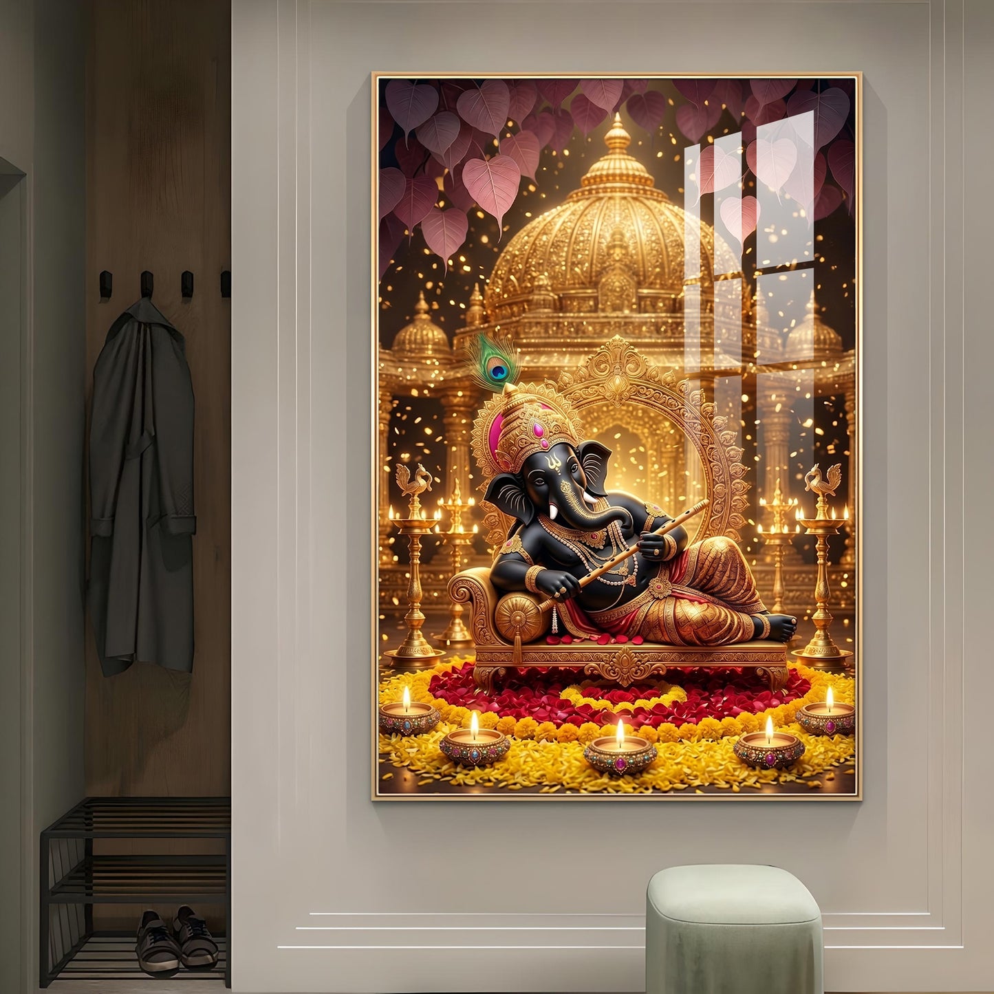 Lord Ganesha Holding A Flute Glass Finish Vertical Wall Art