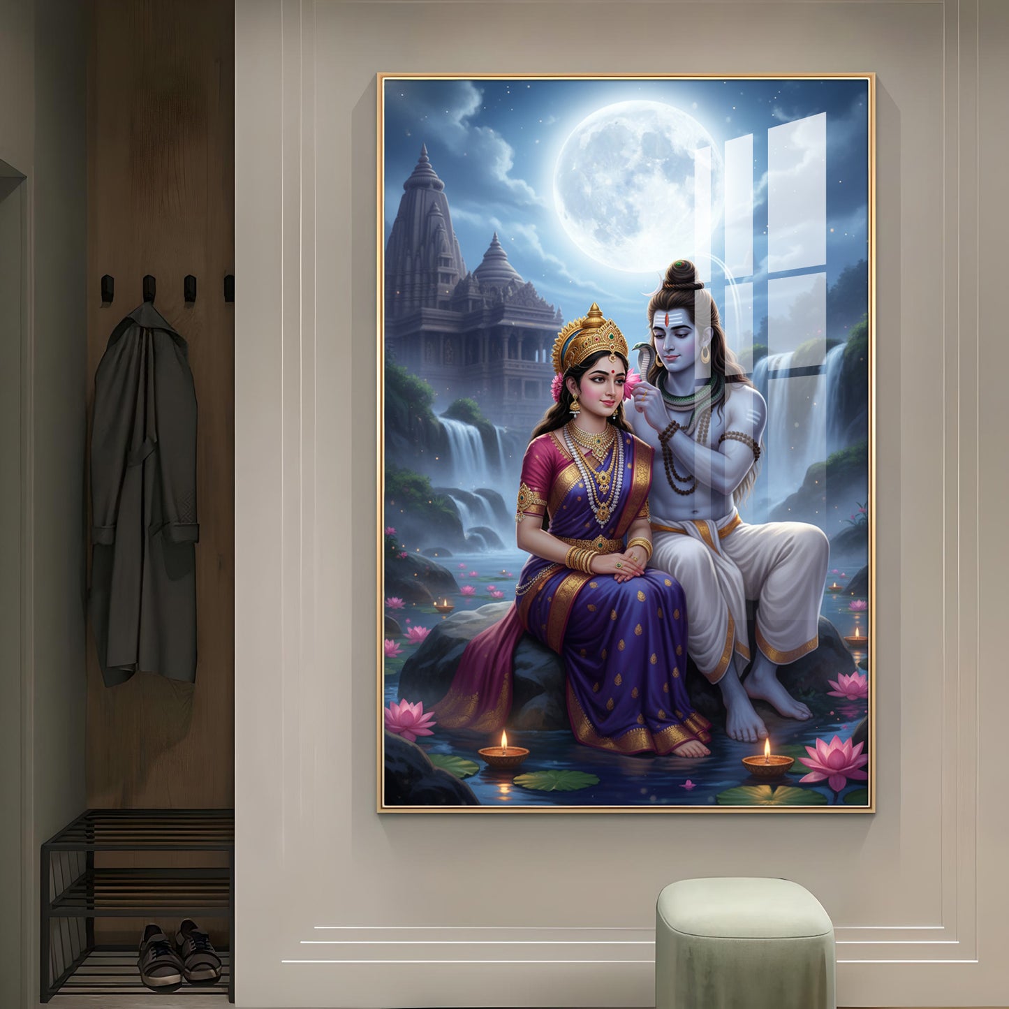 Depicting Lord Shiva & Goddess Parvati Glass Finish Vertical Wall Art