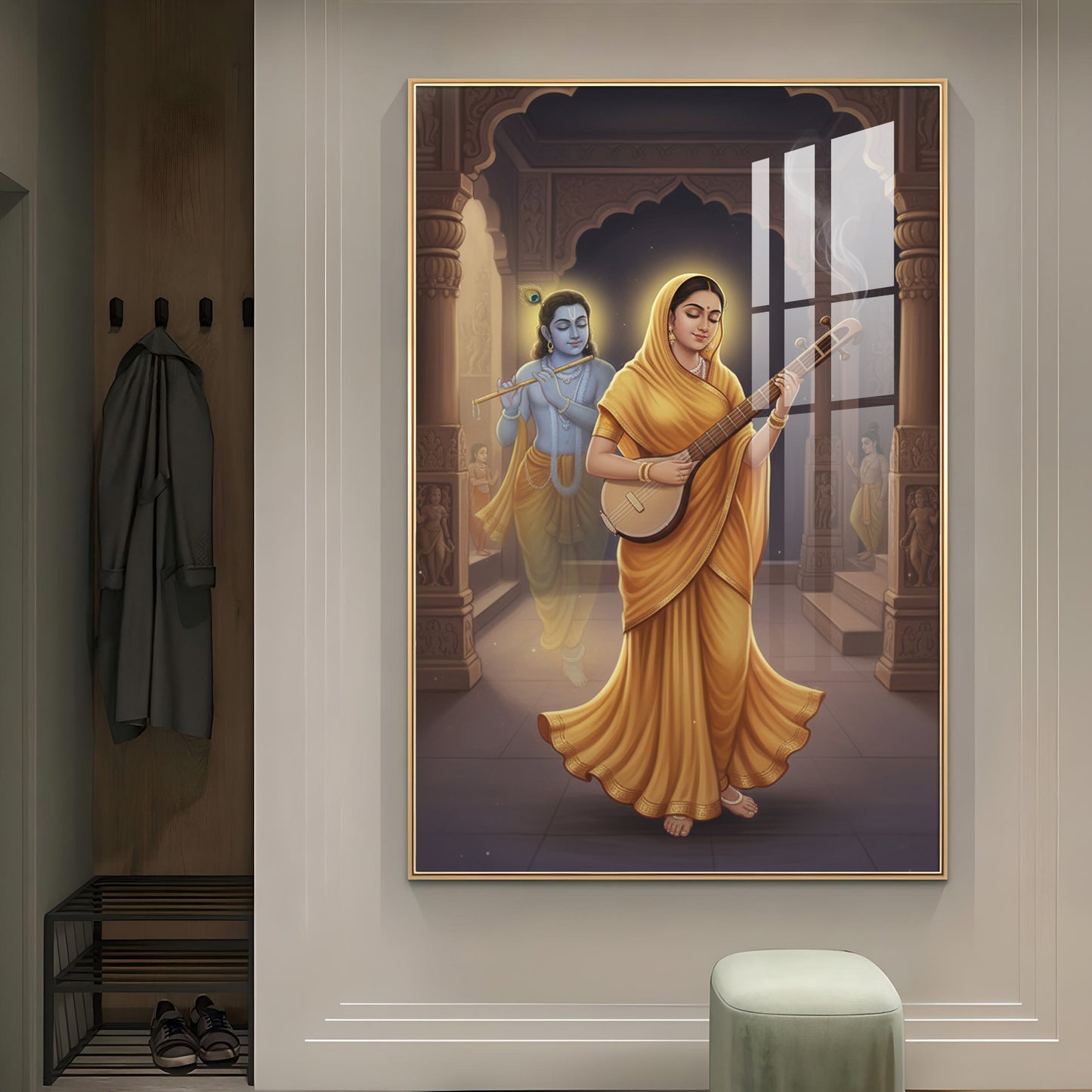 Meera Bai and Krishna Glass Finish Vertical Wall Art