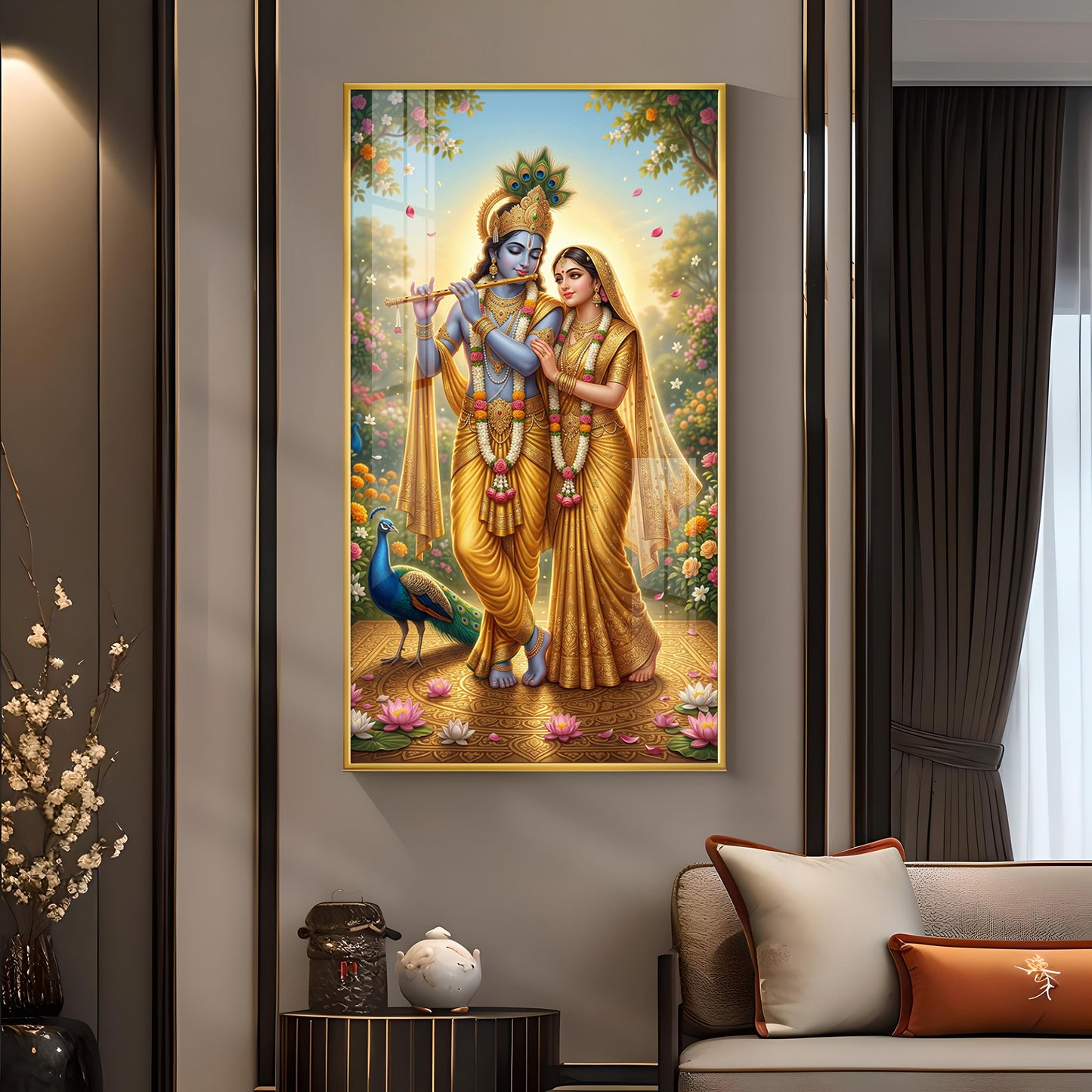 Radha Krishna Divine Love Glass Finish Vertical Wall Art