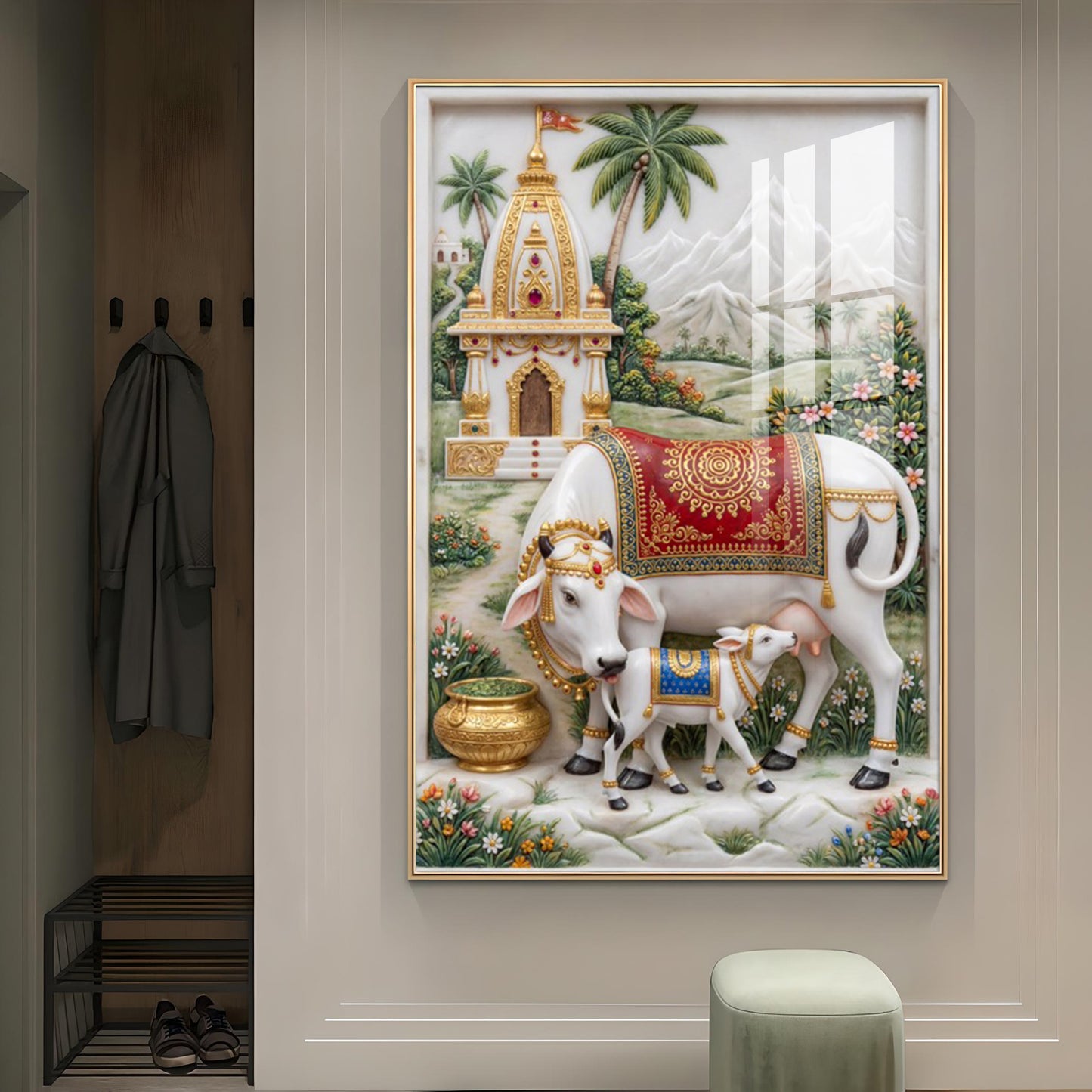 Kamdhenu Cow and Calf Glass Finish Vertical Wall Art