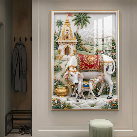 Kamdhenu Cow and Calf Glass Finish Vertical Wall Art