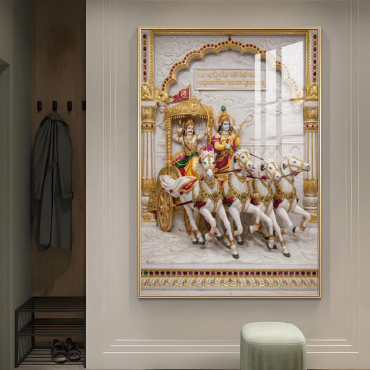 Krishna & Arjuna Chariot Glass Finish Vertical Wall Art