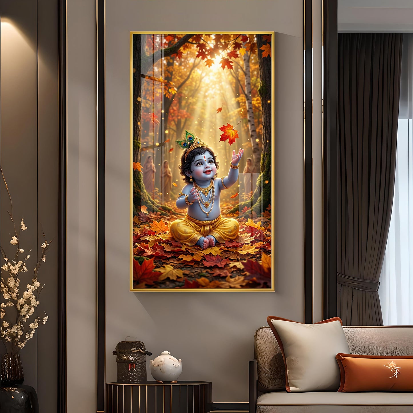 Lord Kanha In Forest Glass Finish Vertical Wall Art