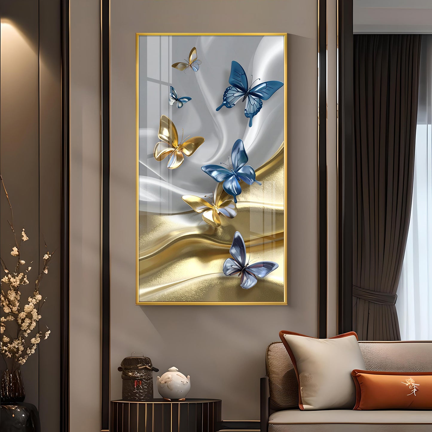 Radiant Butterfly Dance Glass Finish Vertical Wall Art