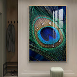 Peacock Feather With Water Drops Glass Finish Vertical Wall Art
