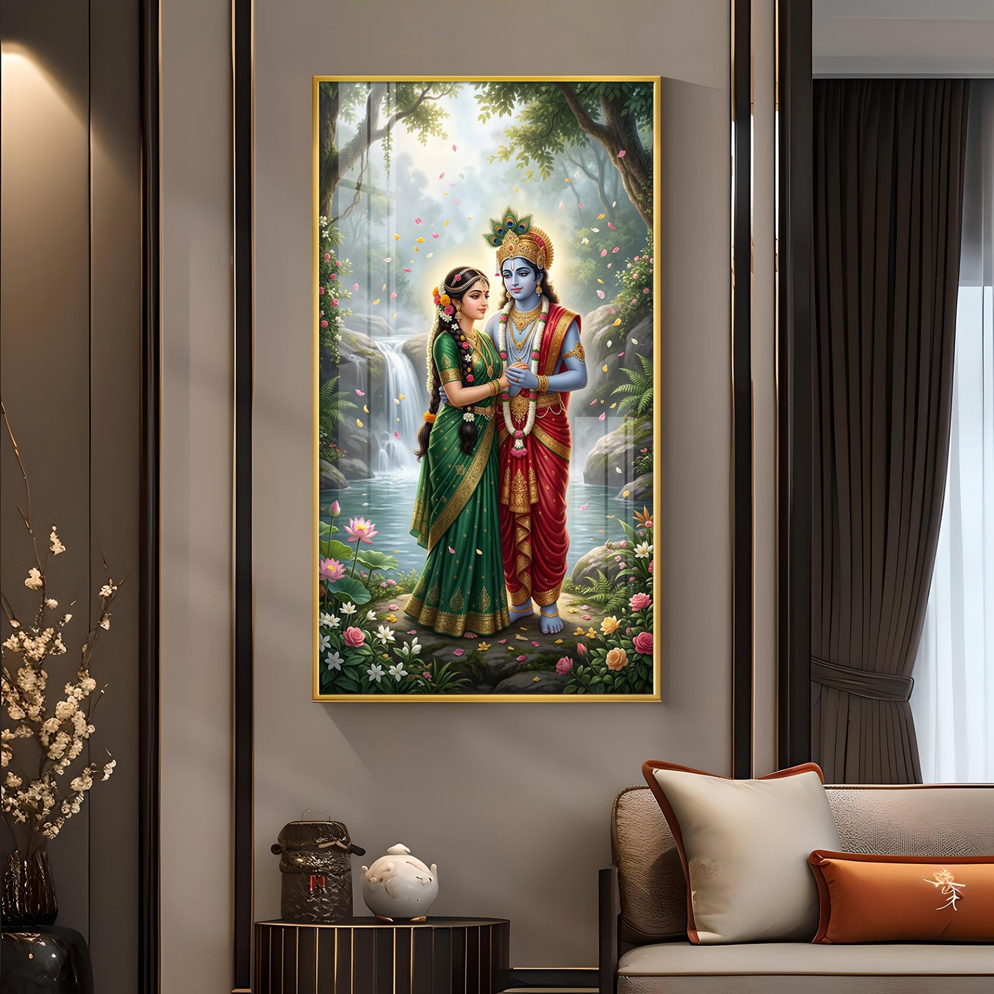 Radha Krishna Divine Aura Glass Finish Vertical Wall Art