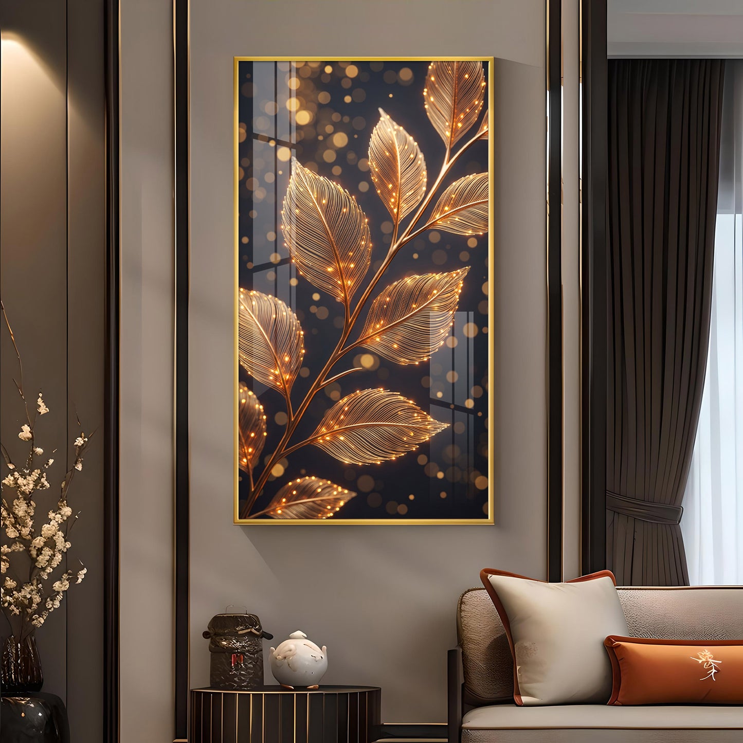 Sparkle Gold Foliage Leaves Glass Finish Vertical Wall Art