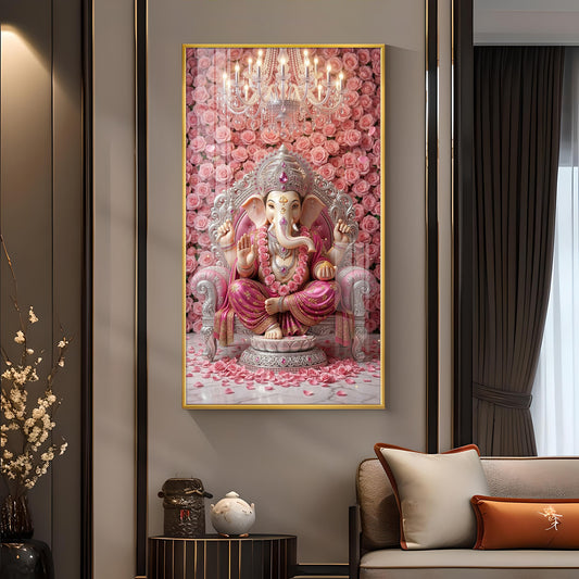 Divine Lord Ganesh Glass Finish Vertical Wall Art