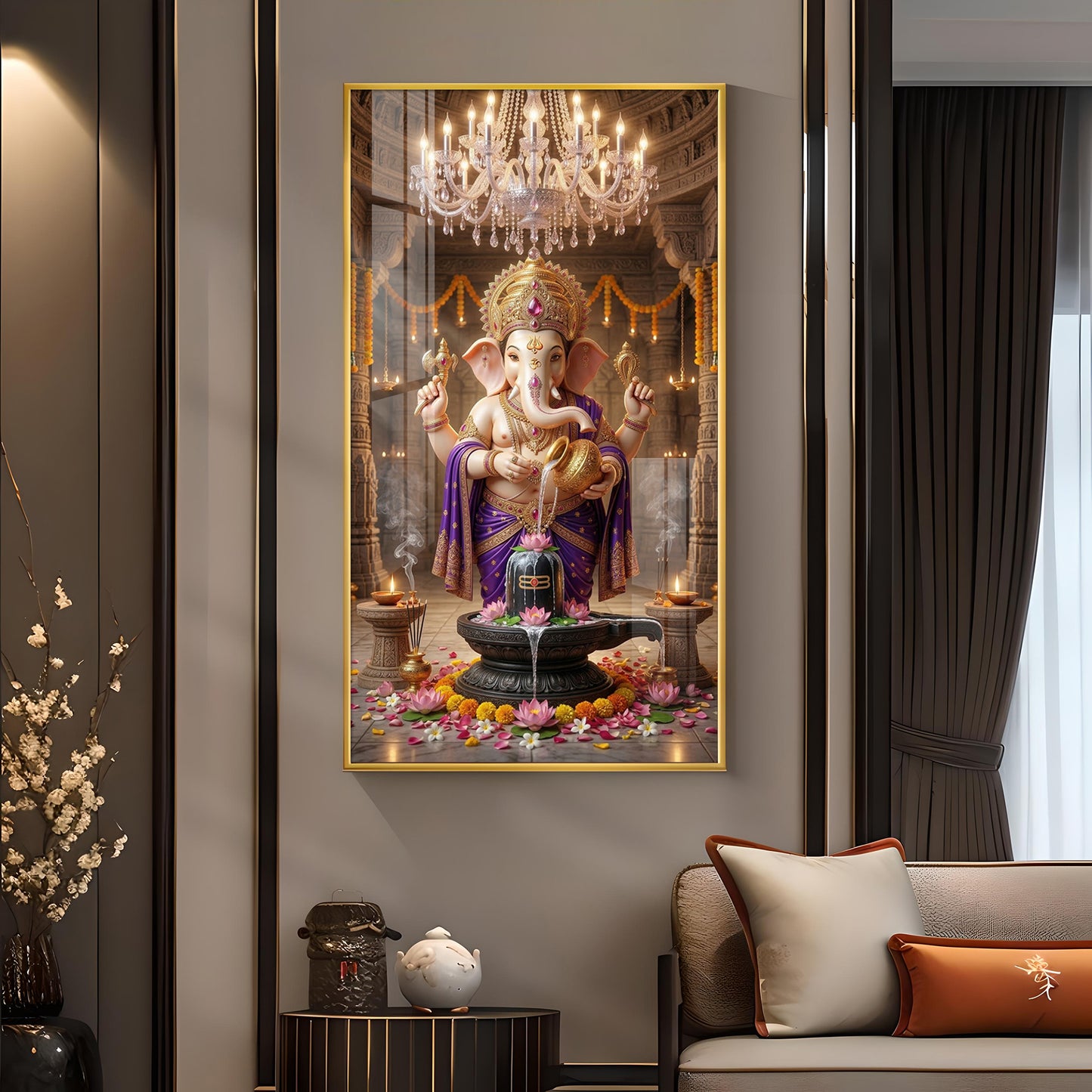 Lord Ganesh With Lord Shiv Glass Finish Vertical Wall Art