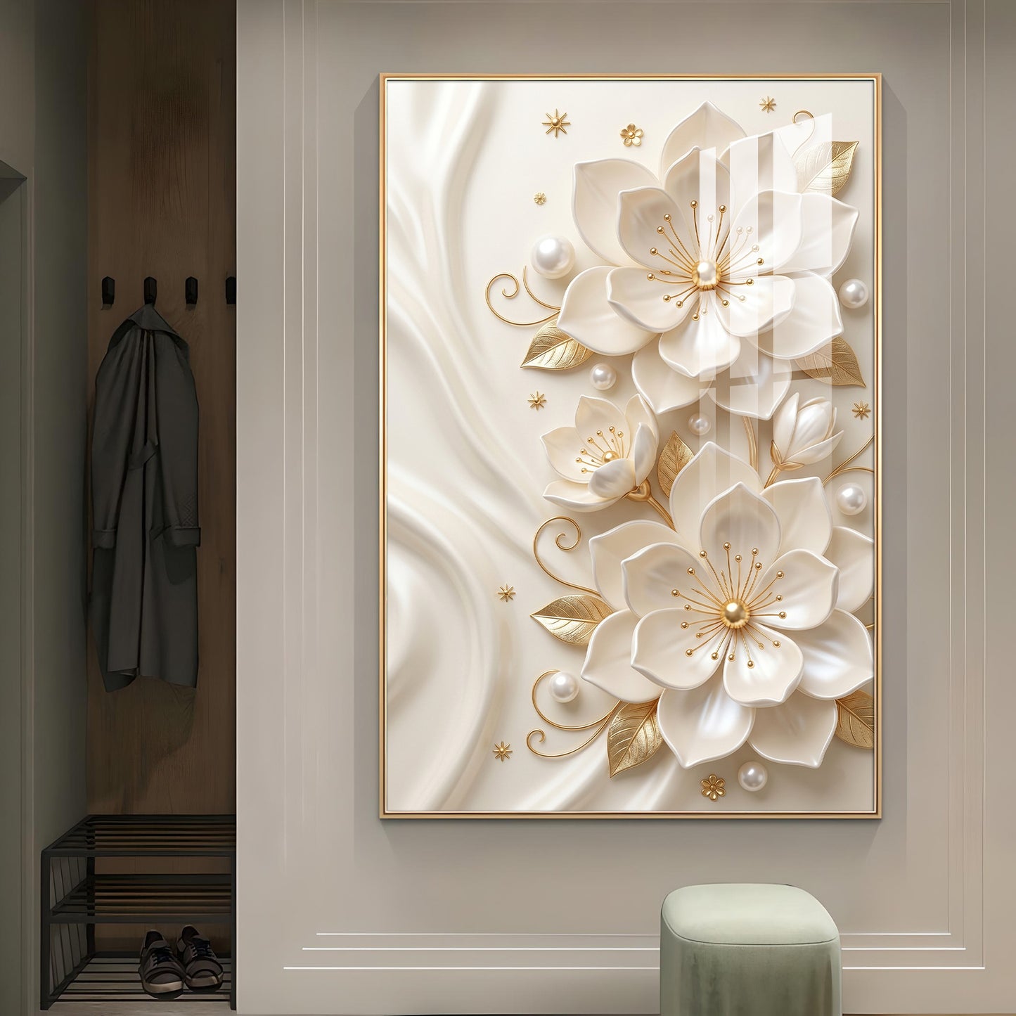 White Flowers With Golden Elements Glass Finish Vertical Wall Art