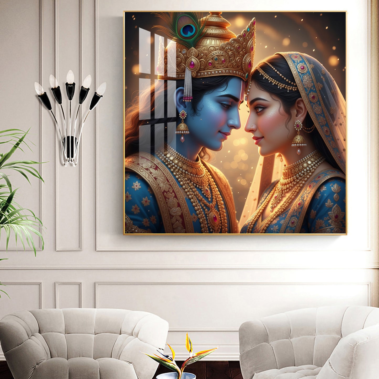 Divine Lord Radha and Krishna Glass Finish Square Wall Art