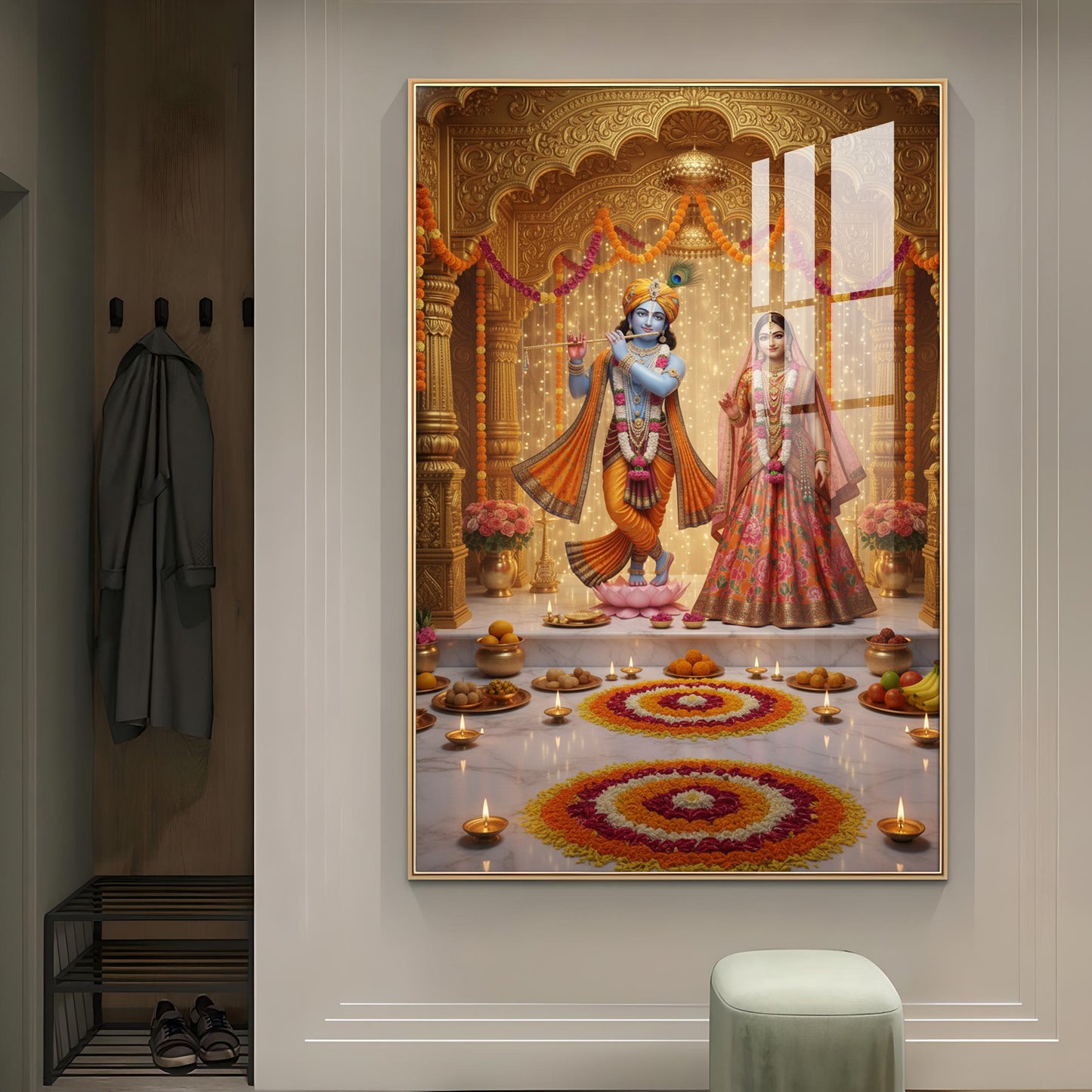 Spiritual Serenity Radha Love Krishna Glass Finish Vertical Wall Art