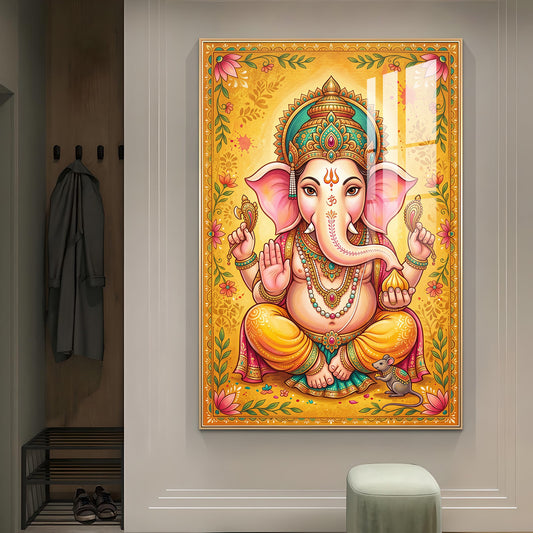 Shree Ganesh Bhagwan Glass Finish Vertical Wall Art