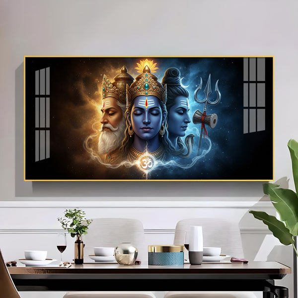 Trimurti Brahma, Vishnu, & Shiva Glass Finish Horizontal Wall Art