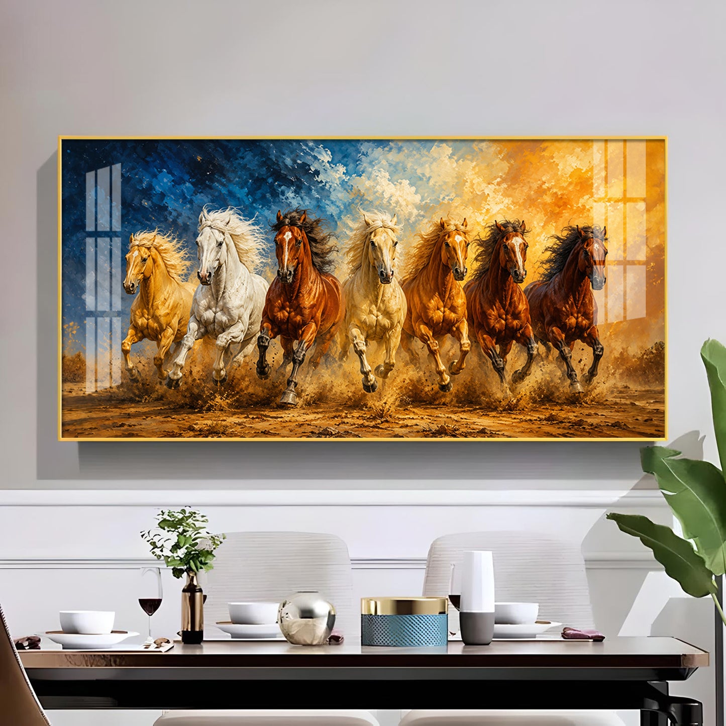 Seven Running Horses Glass Finish Horizontal Wall Art