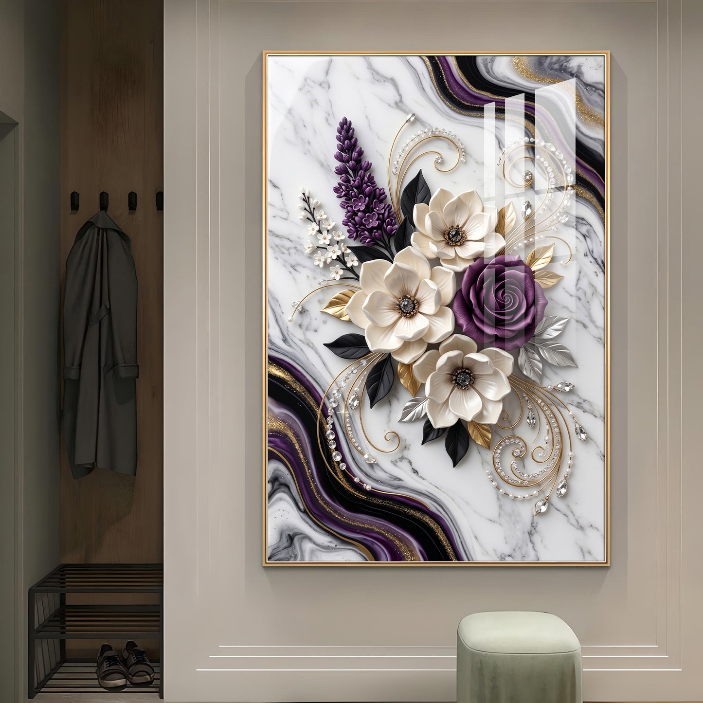 Beautiful Purple & White Flowers Glass Finish Vertical Wall Art