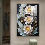 White Lotus With Golden Accents Glass Finish Vertical Wall Art