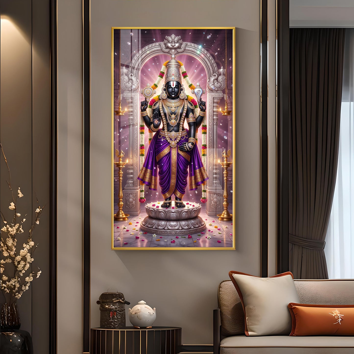 Om Namo Venkateswara Glass Finish Vertical Wall Art
