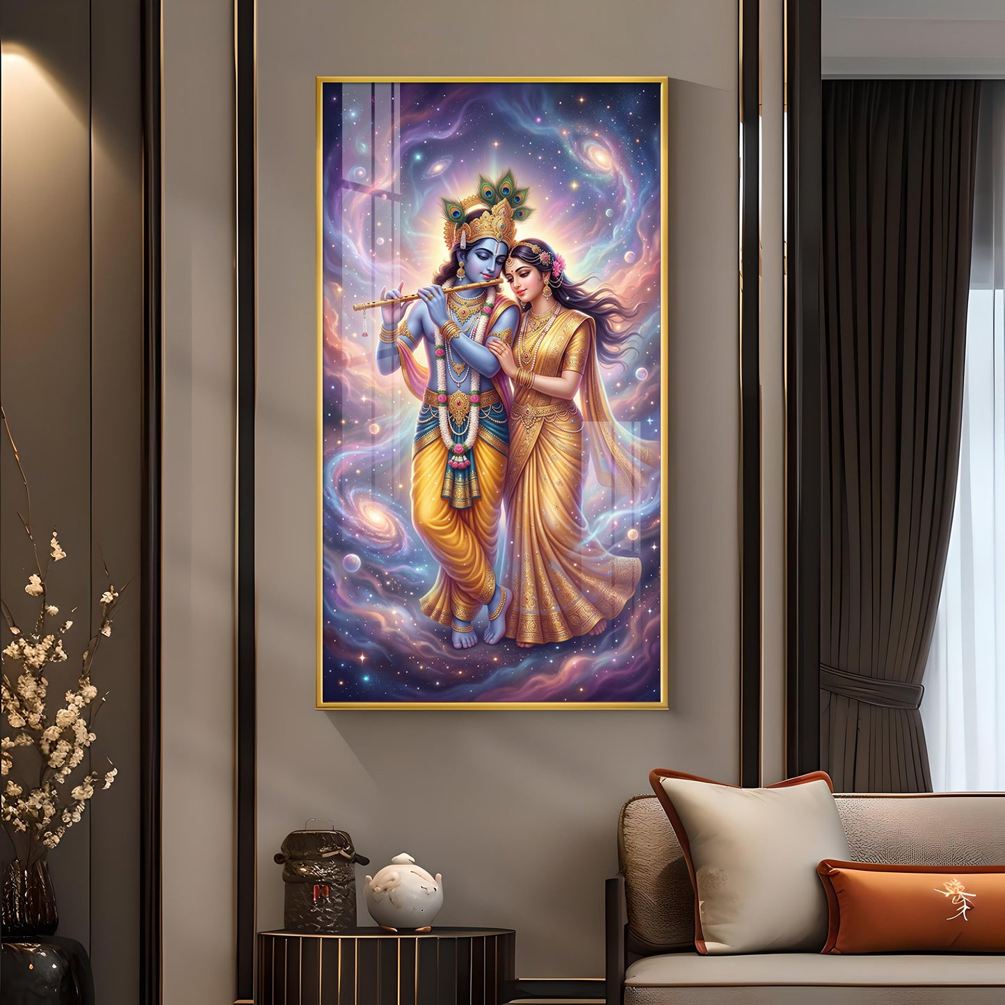 Divine Radhe Rani With Krishna Ji Glass Finish Vertical Wall Art