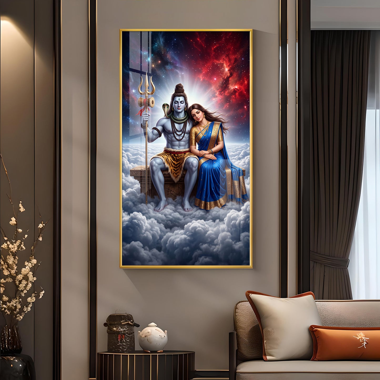 Hindu Deities Shiva & Parvati Glass Finish Vertical Wall Art