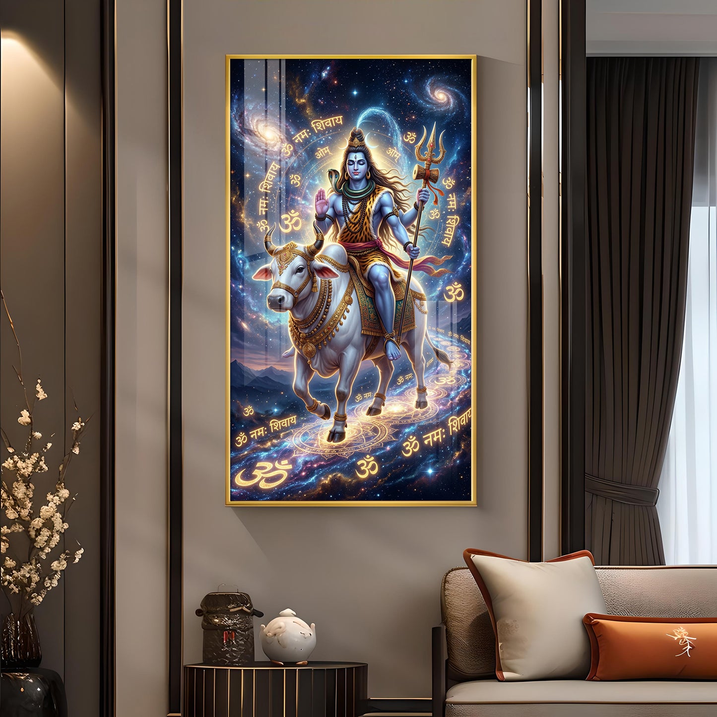 Lord Shiva With Nandi Glass Finish Vertical Wall Art